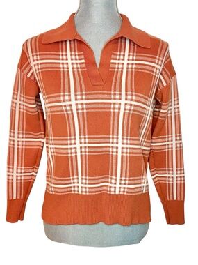 Max Studio Orange Plaid V-Neck Collared Sweater